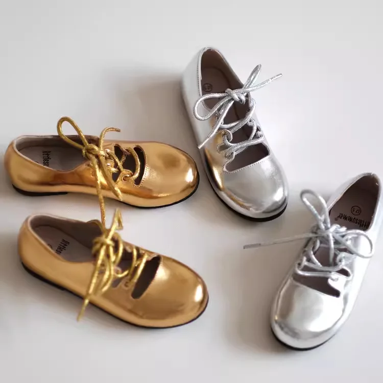 Spring Autumn Girls Derby Shoes High Quality Genuine Leather Noble Children's Leather Shoes Color Gold Silver Baby Kids Flats