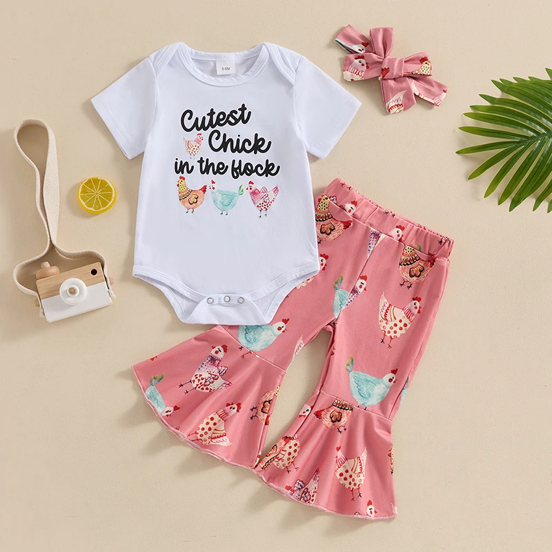 

SUNSIOM 3PCS Baby Girls Summer Clothes Sets White Short Sleeve Romper Tops Chicken Print Flared Pants Headband