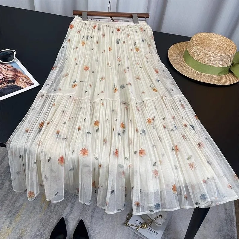 High-end Mesh Floral Skirt for Women Spring Summer New High-waisted Slim Medium-length Pleated Large Flared Mesh