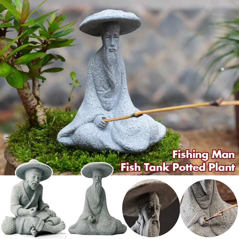 1pc Sitting Old Man Fish Tank Ornament Fishing Figurine Home Garden Table Decor ini Fisherman Statue Asian Zen Decoration