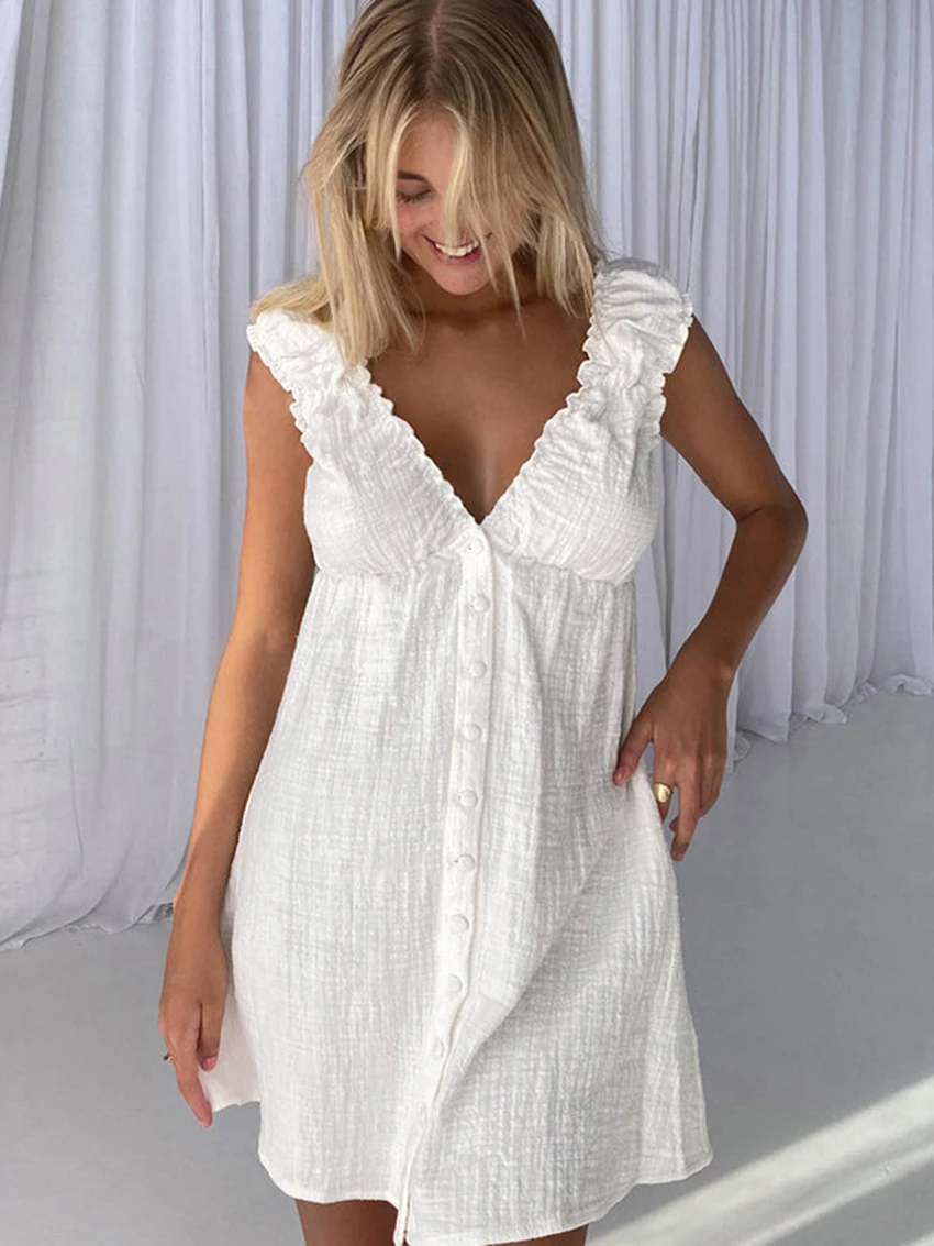 Marthaqiqi Casual Ladies Nightgowns V-Neck Sleepwear Tank Tops Nightwear Backless Pajamas Mini Dress White Loose Ladies Nightie