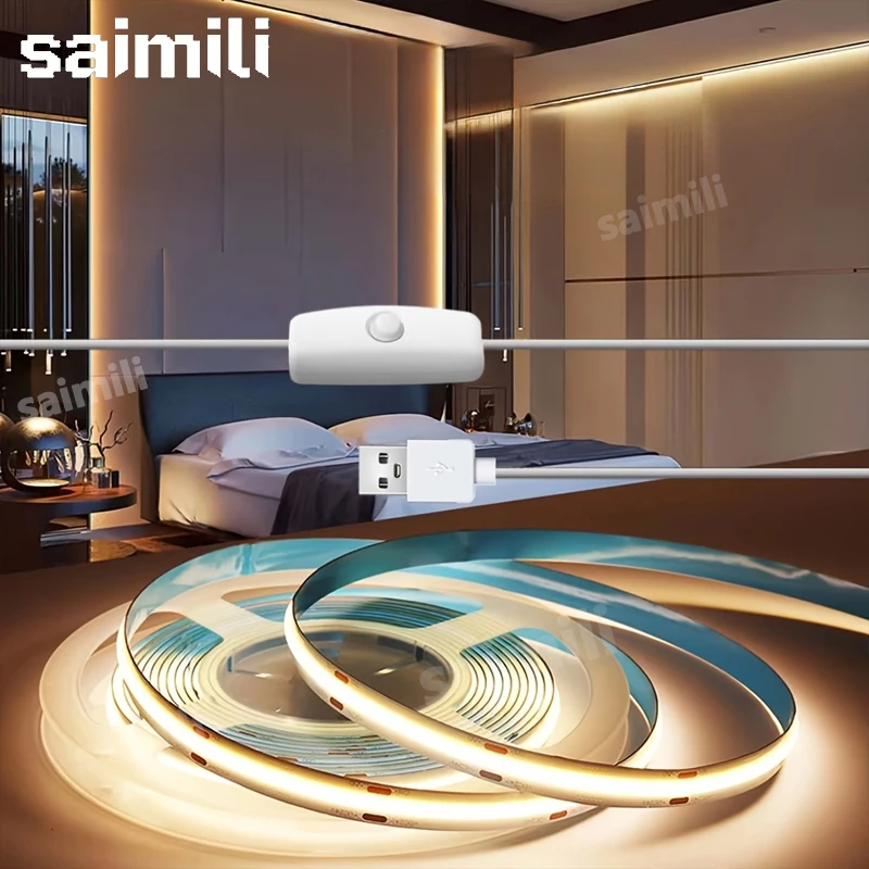 5V COB LED Strip Light Self-adhesive USB Flexible LED Tape with Switch High Density Linear Lighting for Kitchen Cabinet Bedroom
