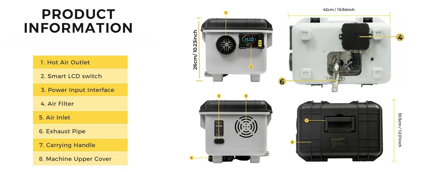 8KW Toolbox Diesel Air Heater 12V/24V/220V Bluetooth APP LCD Display Constant Temperature Ventilation For RV Camping Garage