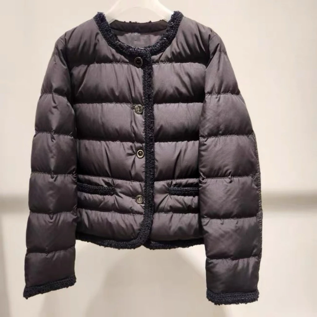 

Faionable ort down Jaet Lemon Cheese round Ne Thi Tweed Braided Wind Sle Women's Winter Coat Warm Straight Cut