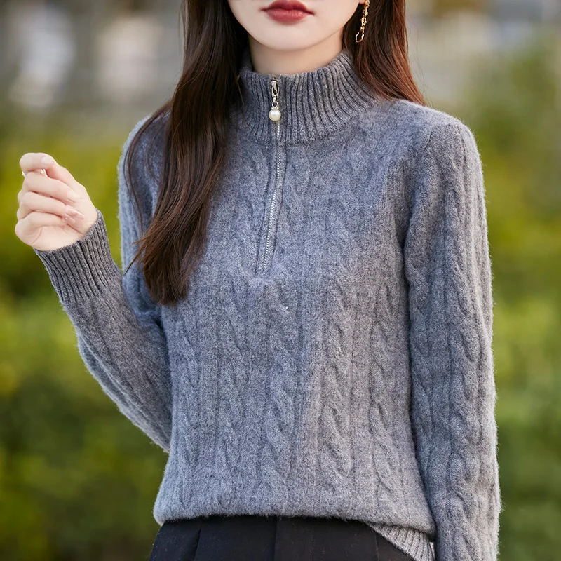 Autumn/Winter New 100% Wool Sweater Thickened Women's Casual Solid Knit Tops Loose Half High Neck Blouse Fashion Zipper Pullover