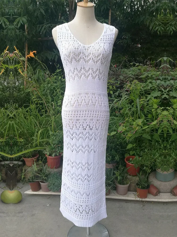 Sommer Frau weiße Tunika sexy V-Ausschnitt ärmellose Weste ausgehöhlt gestrickte Wickel Strand langes Kleid Beach wear Vertuschungen