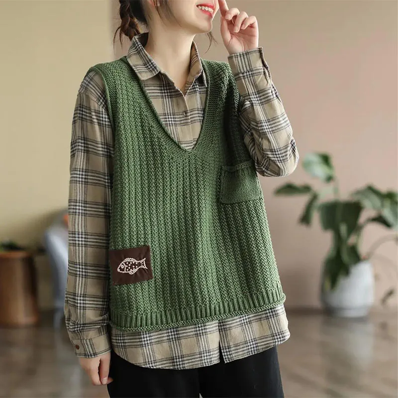 Vintage Women Knitted Sleeveless Sweaters Vest Spring Autumn New Fashion Loose Pullover V-Neck Korean Oversized Casual Tops 2023