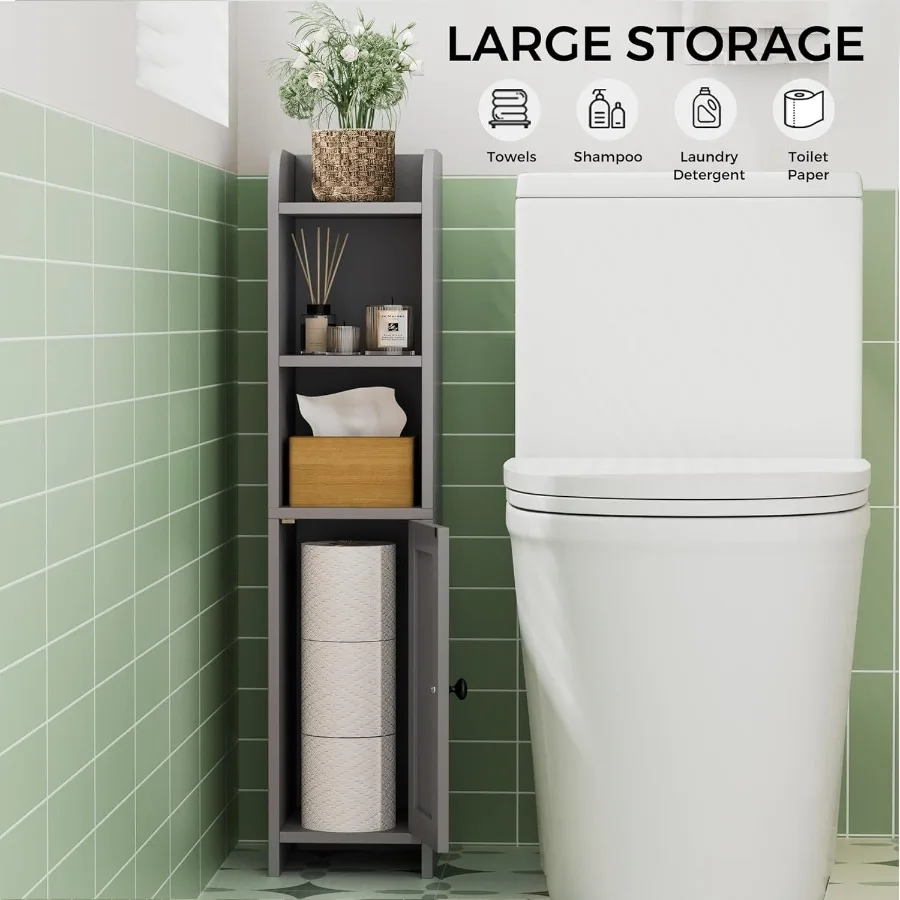 خزانة أرضية زاوية مدمجة مع باب وأرفف قابلة للتعديل لتخزين الحمام الصغير بجانب حامل ورق المرحاض مثالي لـ Sk