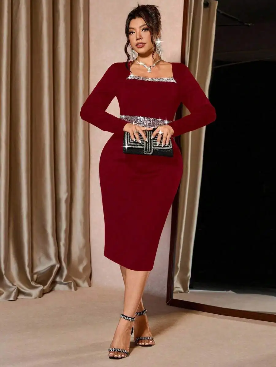 

Burgundy Square Neck Sequined Bodycon Evening Dress For Cocktail Party Formal Event