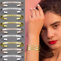 LIVE IN THE MOMENT Letters Engraved Bangles YOUTH NEVER SAY DIE Metal Lettering Bracelets Fashion Bar Girl Cuff Bracelet Gifts