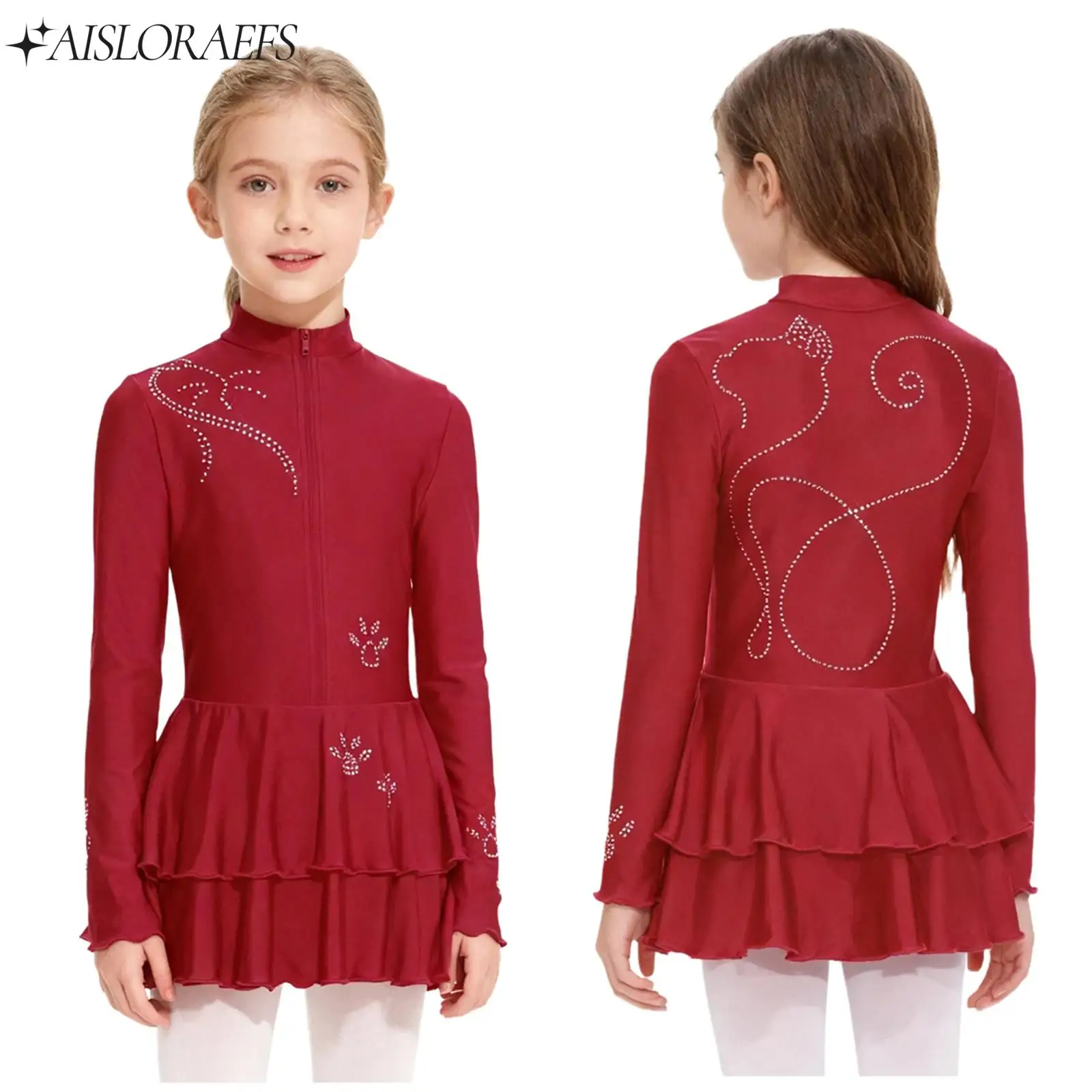 

Girls Figure Ice Skating Leotard Dress Rhinestones Long Sleeve Front Zip Tiered Ruffled Hem Gymnastics Dance Performance Costume
