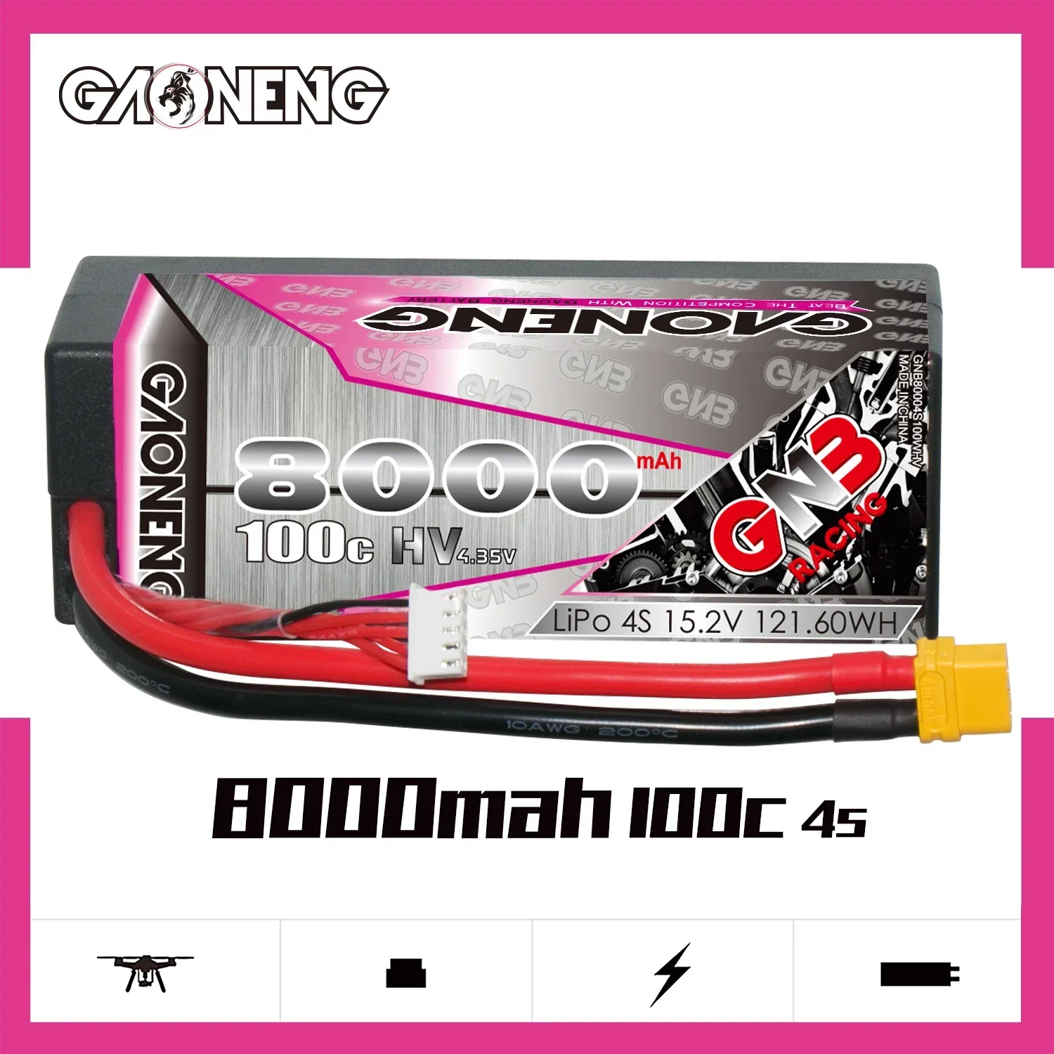 GAONENG GNB 8000mAh HV 4S 100C 200C 15.2V Hard Case LiPo Battery Cabled with XT60 1/10 1/8 Scale RC Hobby Models