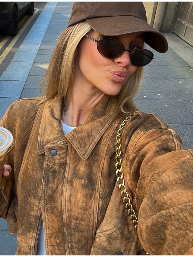 

Women's Casual Brown Jacket Lapel Full Sleeve Zipper Pocket With Belt Loose Coat 2025 New Autumn Chic Lady Daily Commute Outwear