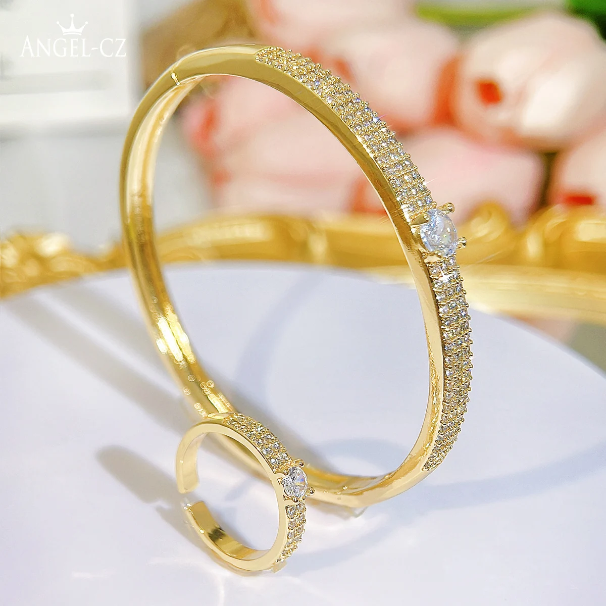 Angelcz zarte Bräute Schmuck Micro Pave Einstellung glänzend aaaaa Zirkonia Abend party goldenen Armreif verstellbaren Ring aj268