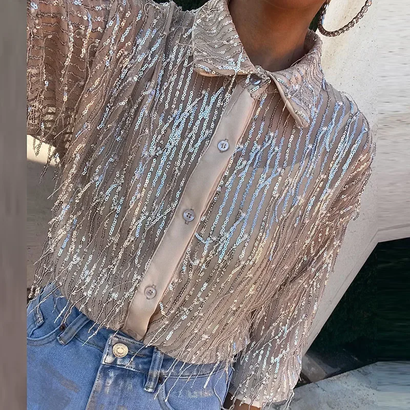 Elegant Glitter Sequin Shiny Tassel Blouse Women New Spring Single Breasted Lapel Shirt Autumn Long Sleeve Office Lady Top Mujer