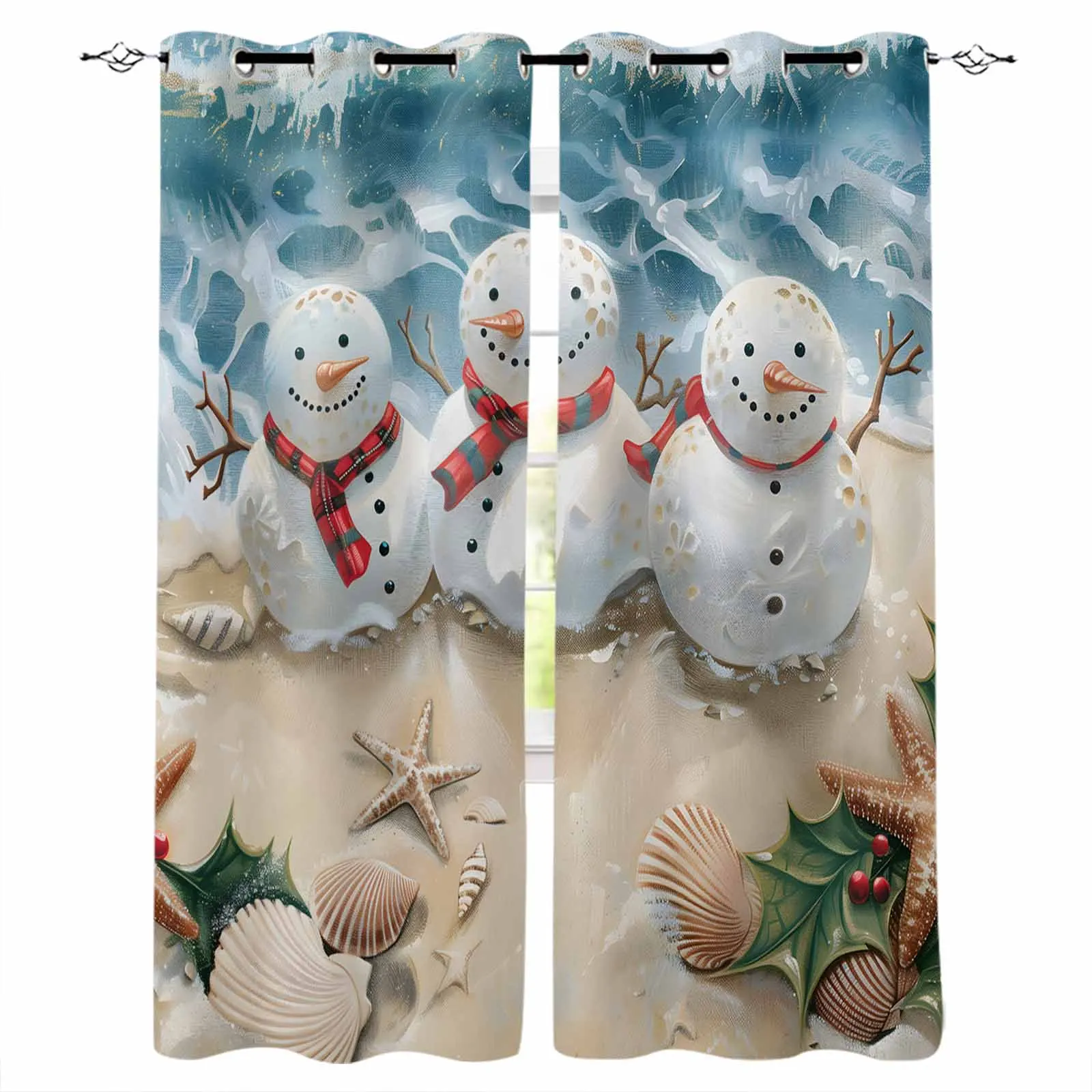 Christmas Beach Snowman Sea Star Shell Blackout Curtains For Living Room Bedroom Window Treatment Blinds Drapes Kitchen Curtains