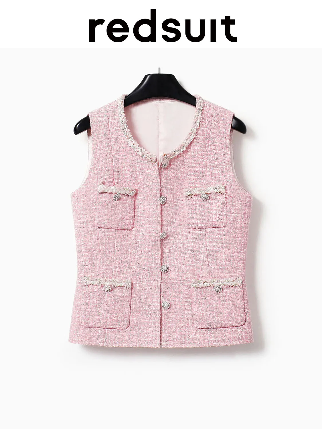 New Sweet pink lightweight tweed round neck four pocket sequined vest top Custom Size