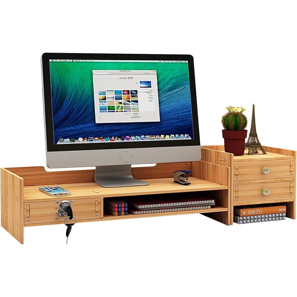 Monitor Stand Desk Monitor Stand with Three Drawers Holder Load Capacity 5 KG Wooden Desktop Organizer for PC Monitor Laptop