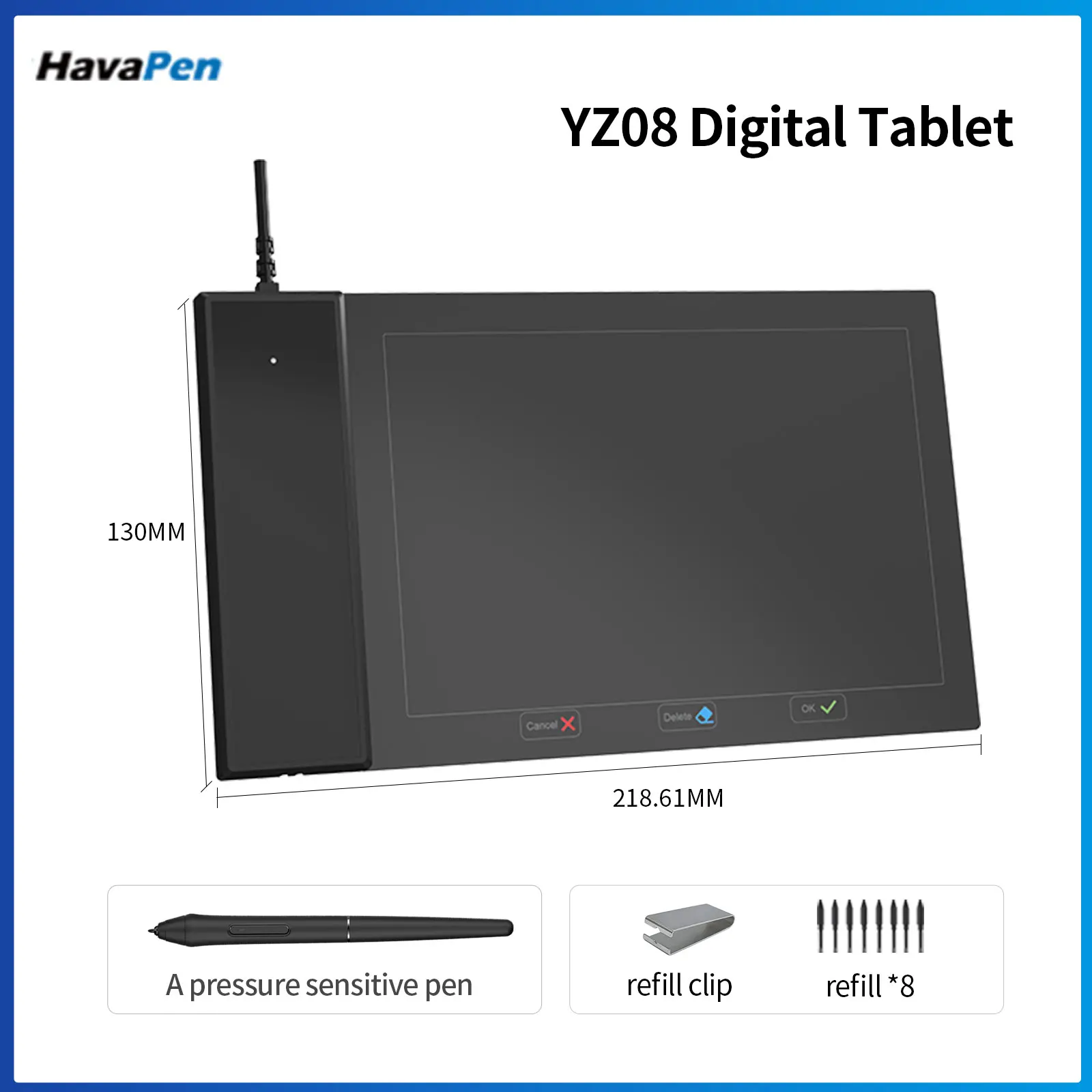 

HavaPen YZ08 6x4 Inches Graphics Digital Tablet 8192 Level Battery-Free Pen Support Android Windows Mac for Drawing & Game OSU