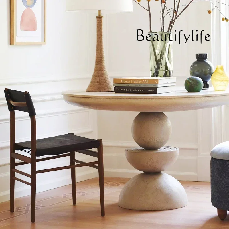 

N Retro ivory white dining table round black modern simple hotel clubhouse negotiation table