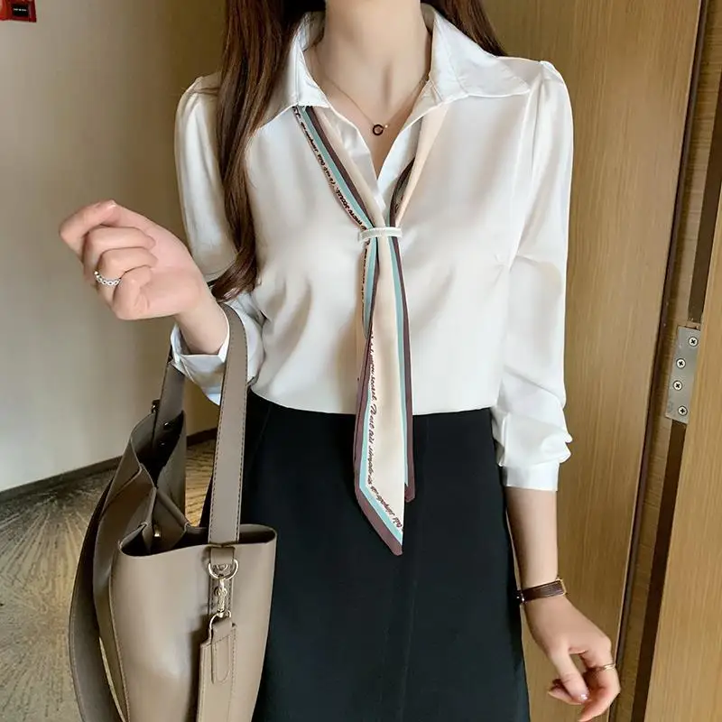 Scarf Collar White Chiffon Shirts Women Clothes Autumn Temperament Lady Shirt Long Sleeve Thin Top Elegant Female Blouses