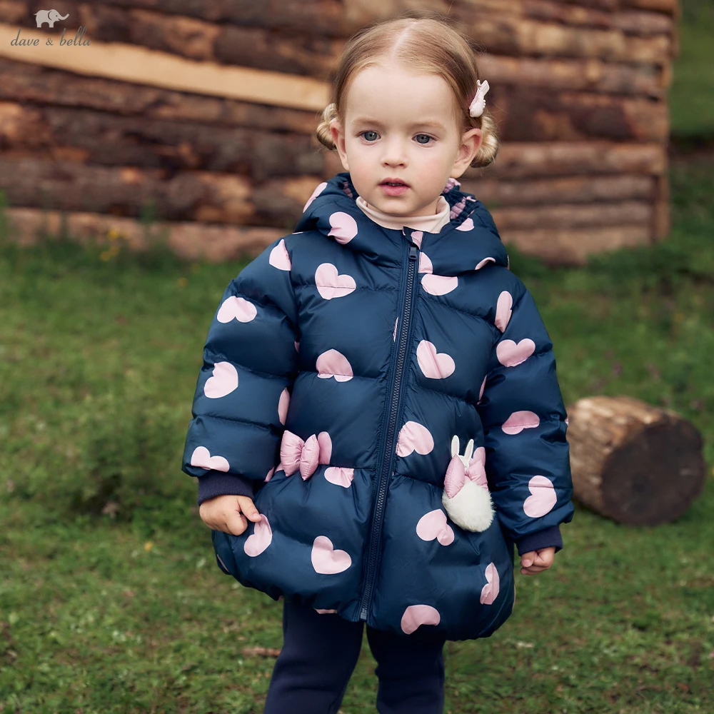 Dave Bella Girls Heart Printed White Duck Down Hooded Jacket Children Winter Warm Thicken Coats Outwear Clothes DB4263769