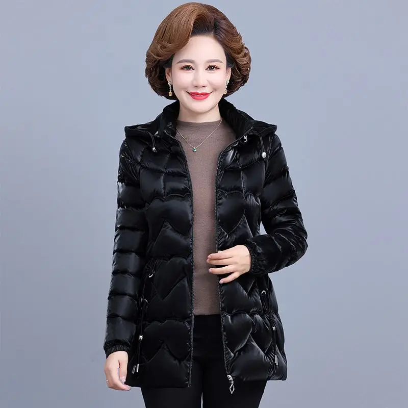 Mittleren Alters Mutter Winter Jacke Parkas Frauen 2025, Neue Glänzende Daunen Baumwolle Jacke Mit Kapuze Parka Warme Casual Outwear Weibliche Tops