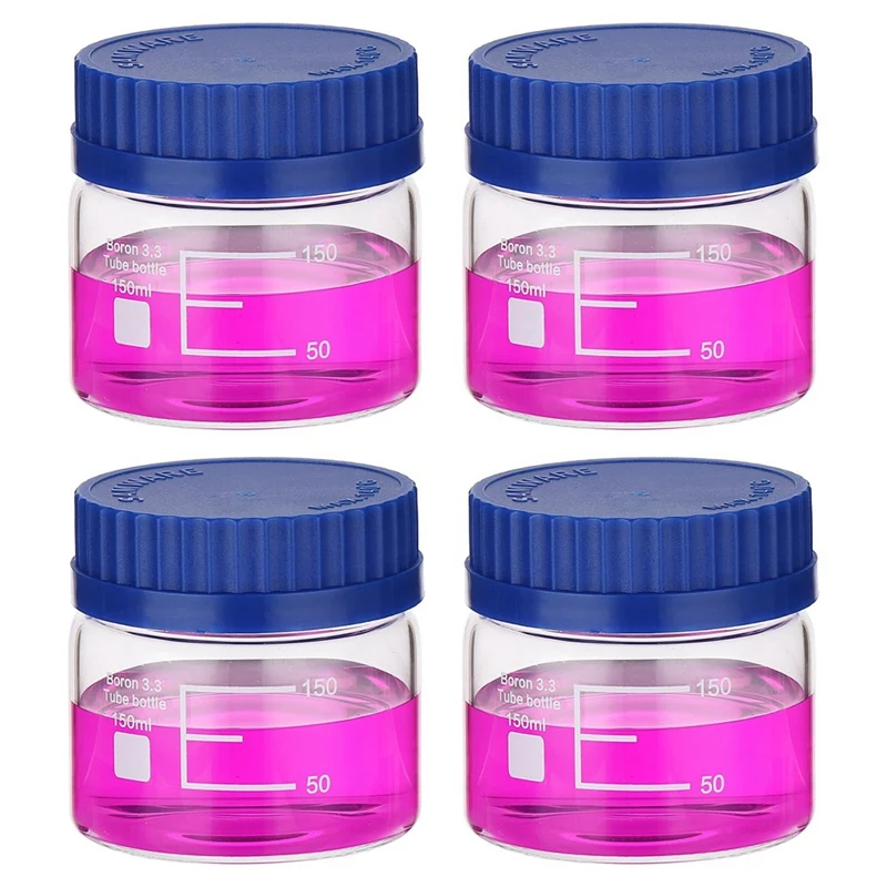 

4 Pack Reagent Media Storage Bottles, Borosilicate Glass Wide Mouth Graduated Round Bottles With GL32 Screw Cap