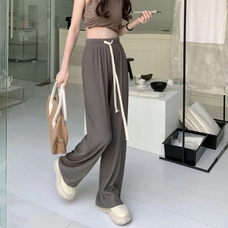 Summer Thin Pants Women Drawstring Korean Style Soft Solid Fashion Breathable Full Length Streetwear Basic All-match High Waist