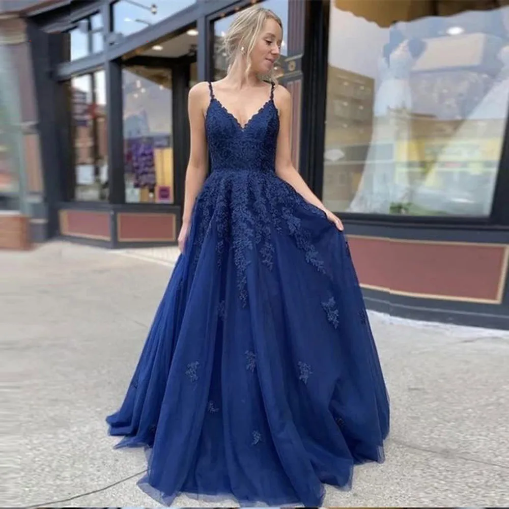 Gaun Malam Prom Vestidos De Fiesta Noche Biru Laut Gaun Malam Robe De Soiree Gaun Rok Panjang Tulle Lembut Berenda Gaun Pesta