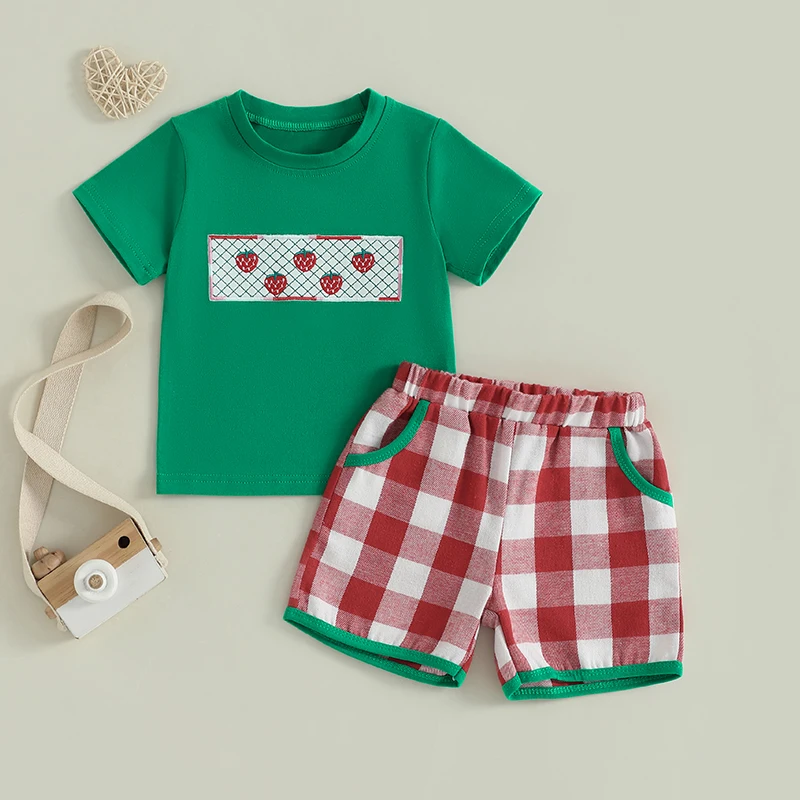 

Lioraitiin Kid Summer Outfits Strawberry Embroidery Short Sleeve Round Neck T-Shirts with Plaid Elastic Waist Shorts 2 Pcs Set