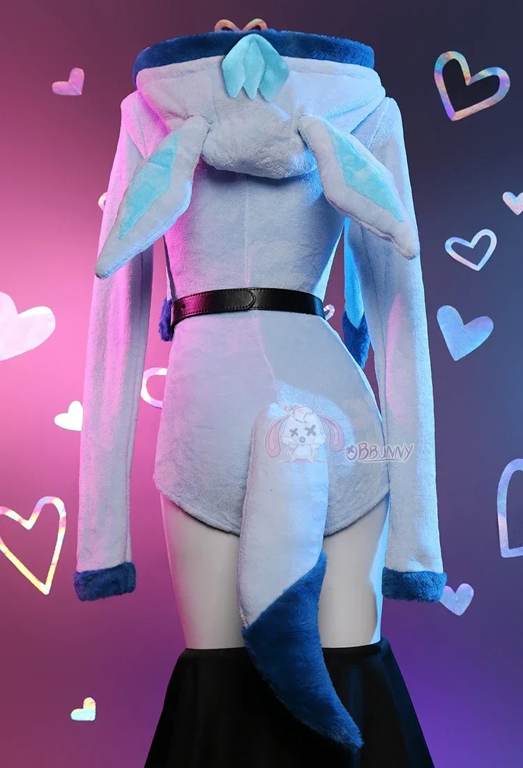 

Blue Furry Vaporeon Bodysuit Anime Cosplay Homewear with Hood Tail And Belt Sexy Fluffy Bodycon Romper Lingerie Set with Socks