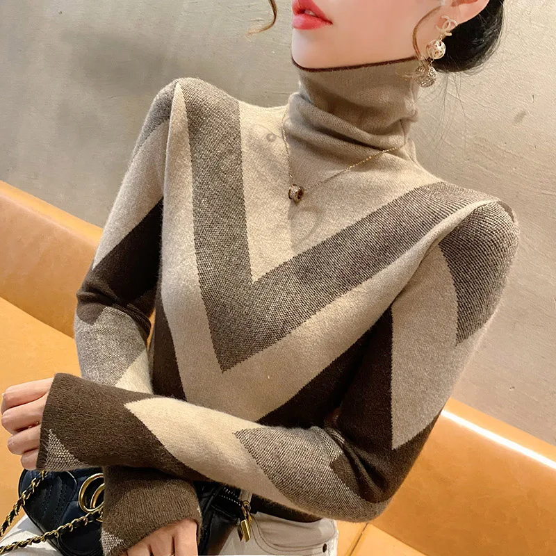 Women Clothing Slim Fashion Turtleneck Sweaters Spring Knitted Elasticity Vintage Striped Pullovers Female Top Soft Knitwear