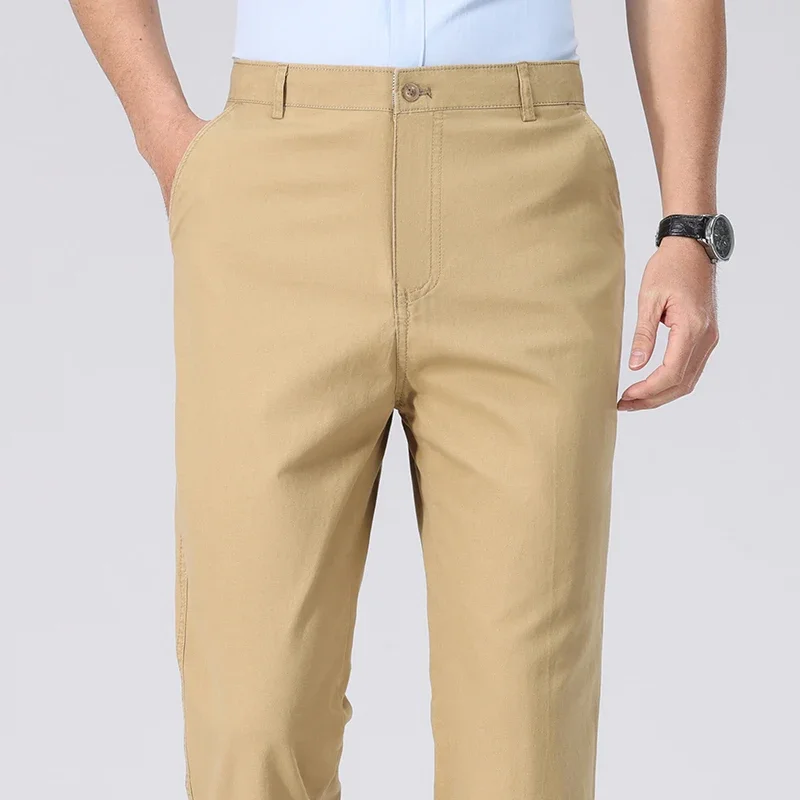 Mens Washed Twill Cotton Straight Full Length Chino Pants Single Waist Belt Loops Wrinkle Daily Casual Four Season Bottoms