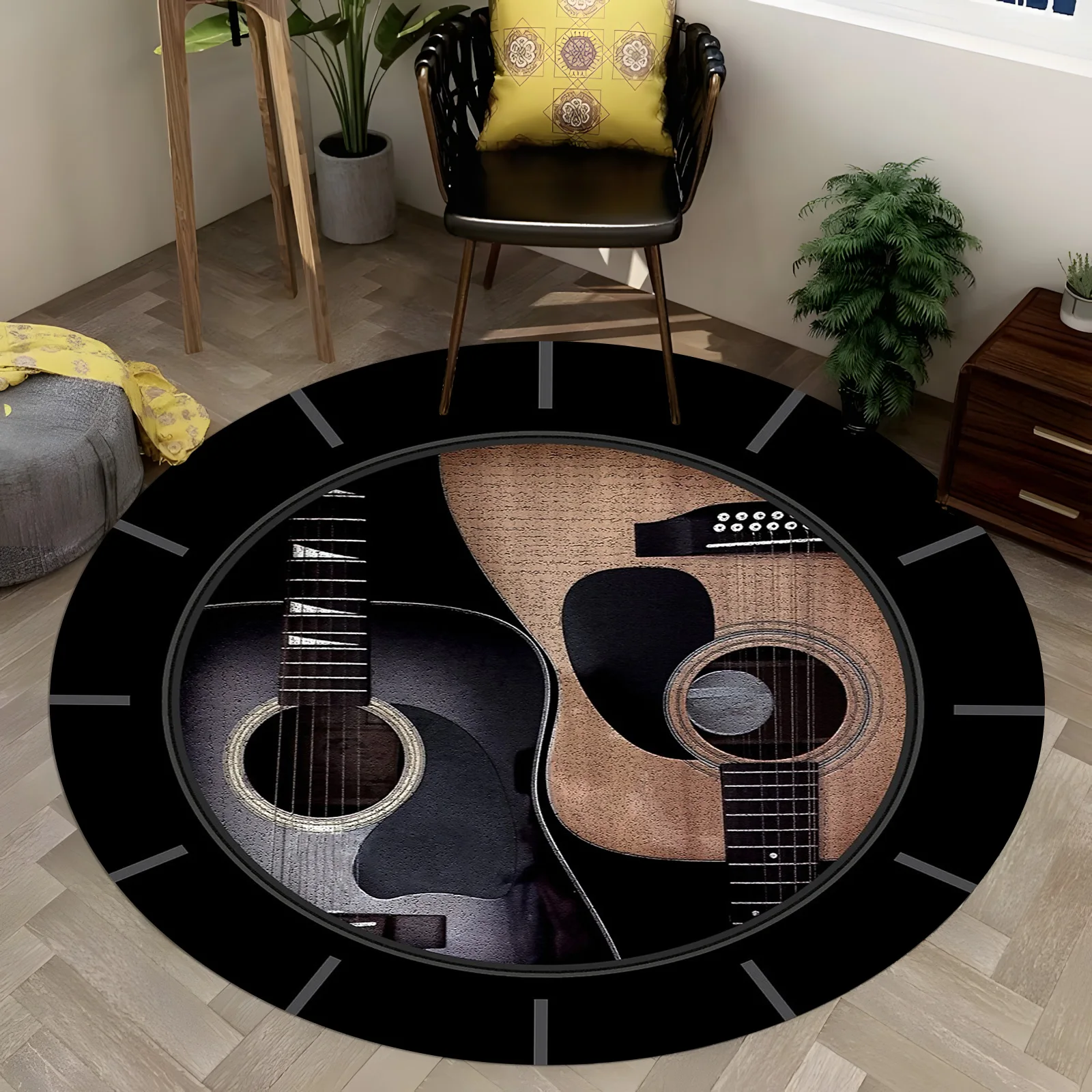 Vintage Guitar Duo Round Rug - Black & Brown Acoustic Design, Bohemian Living Room Carpet, Non-Slip Music Lover Floor Mat
