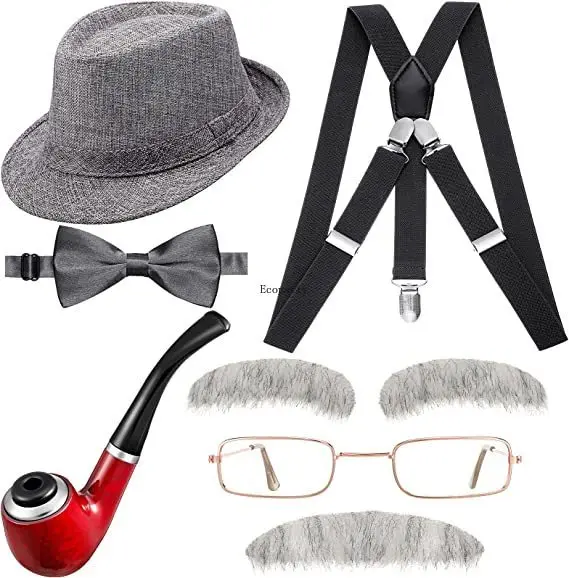 7 Pcs Old Man Costume Grandpa Costume Set Moustache Eyebrows Hats Suspenders Bow Tie for Kids Halloween Cosplay for kids