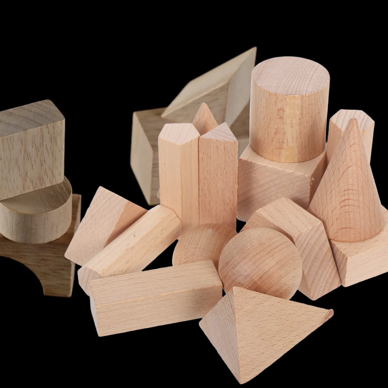 15Pcs Natural Wood Geometric Solid Blocks Early Education Preschool Math Learning Stacking Sorting Cube Montessori Construction