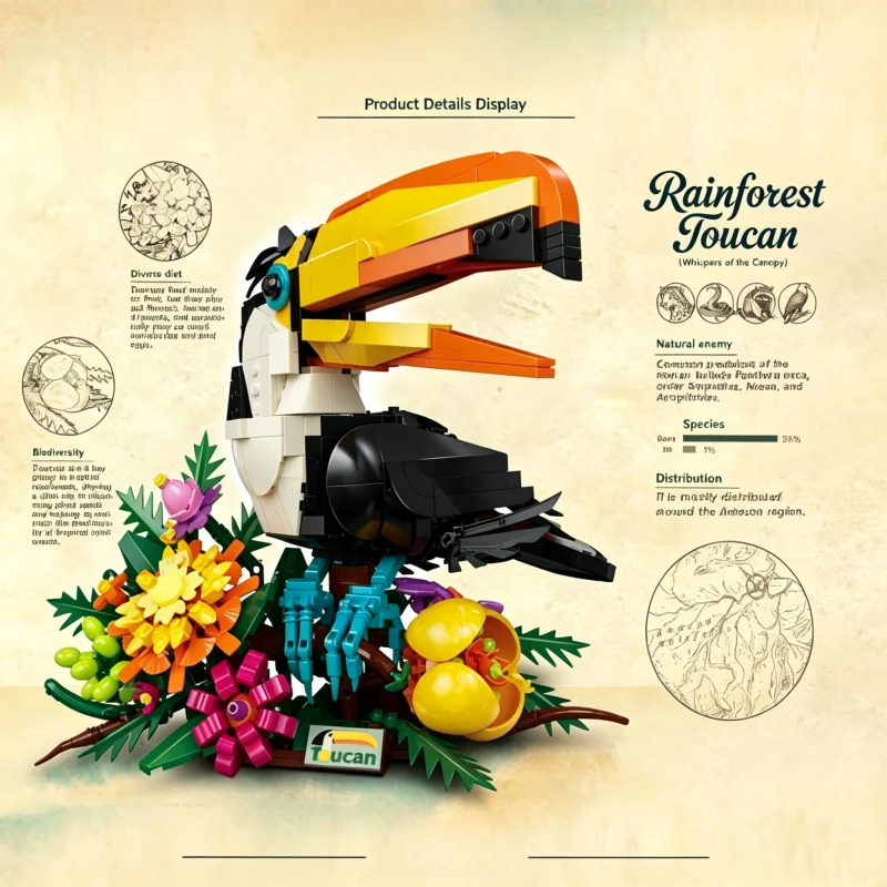 

Rainforest Toucan Animal Blocks, Detailed Toucan Model with Vibrant Flowers, Ideal Gift for Bird Lovers & Hobbyists