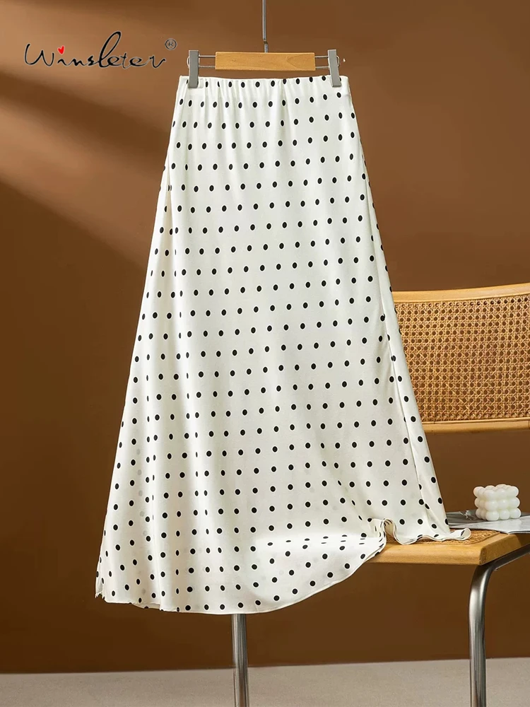 Winsleter-93%Silk 7%Spandex Elegant Skirts, Elastic Waist Dot Print, Women French Commute A-line Skirt, 2026 Summer New B66606CC
