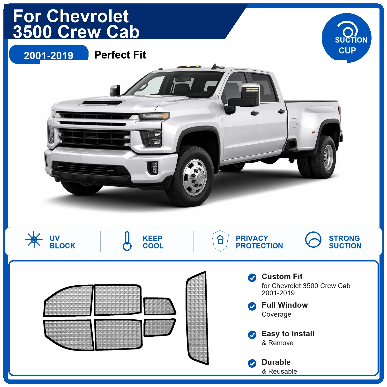 For Chevrolet 3500 Crew Cab 2001-2019 Custom Full Set Windshield Sun Shade Aluminum Foil Heat Insulation Anti UV Foldable