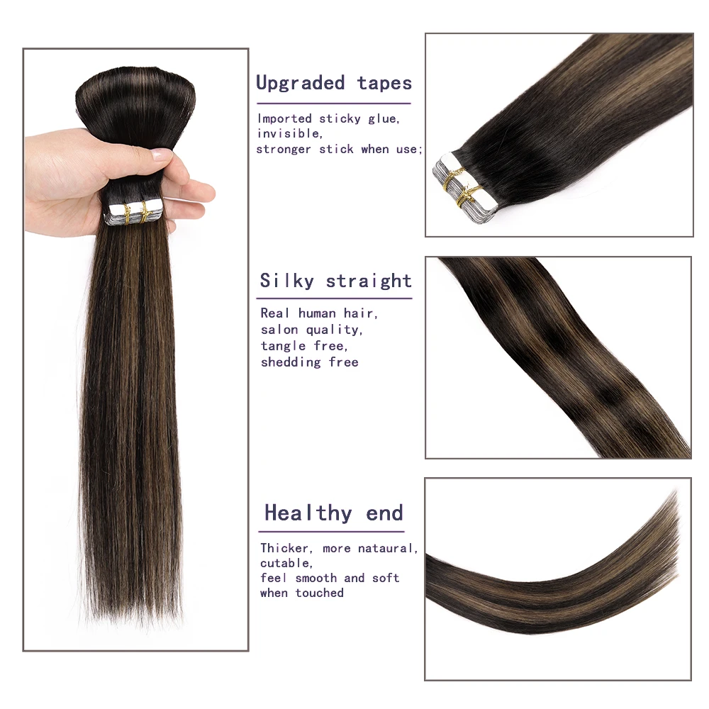 Black&Brown Tape in Hair Extensions Remy Real Human Hair 14 to 24 Inch 20pcs 50g/pack Straight Seamless Weft For Woman Add Hair