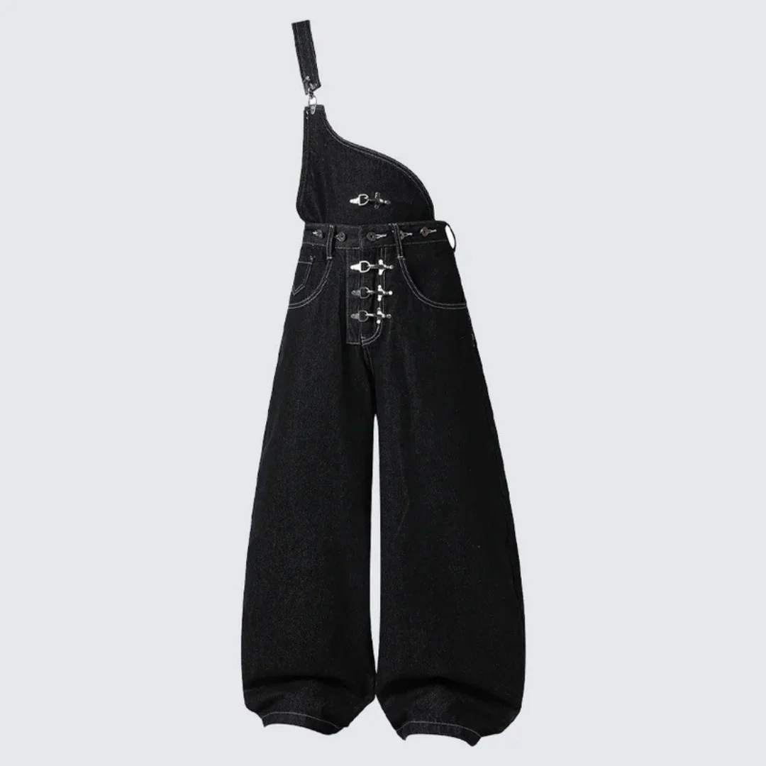 

Women's Streetwear Dungarees Black Asymmetric Strap Embellished Metal Buckle Detail Baggy Wide Leg Denim Overalls 2026