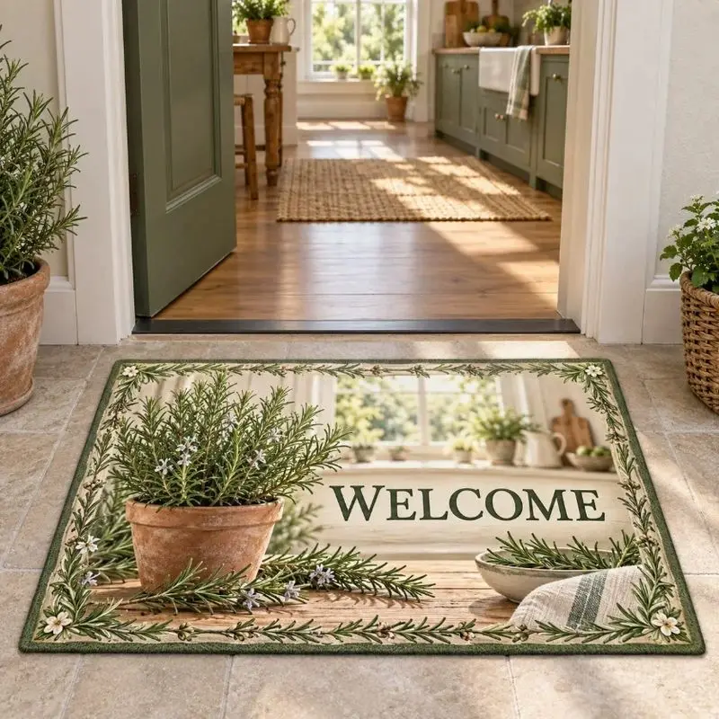 VIKAMA Rosemary Herb Pot Green Leaves Welcome Doormat Botanical Non Slip Entryway Rug Farmhouse Floor Mat Home Decor Soft Cozy