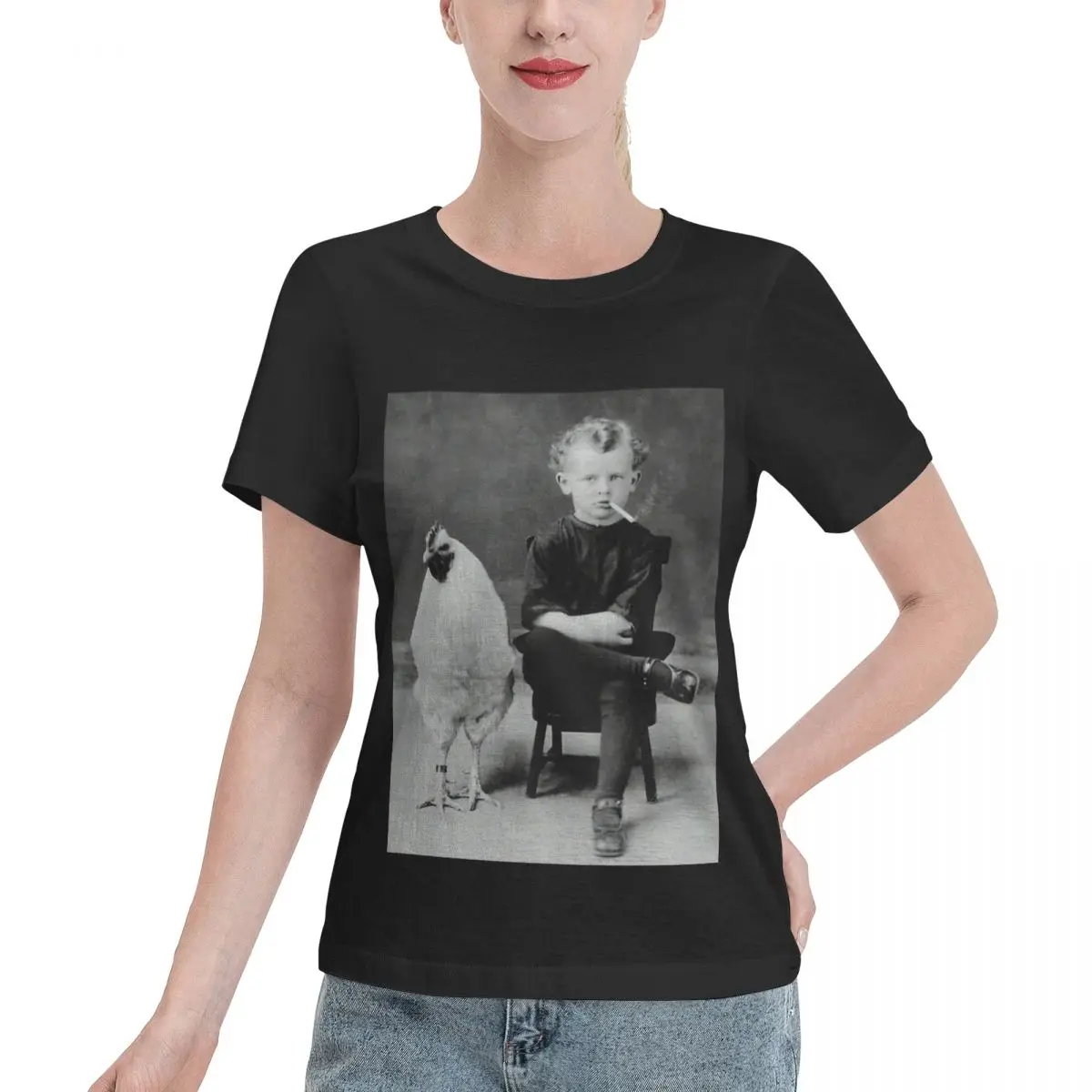 Blank For Print Boy With Chicken Rooster Smoking Cigarette Women's T-shirt Urban Slim Friendly Top