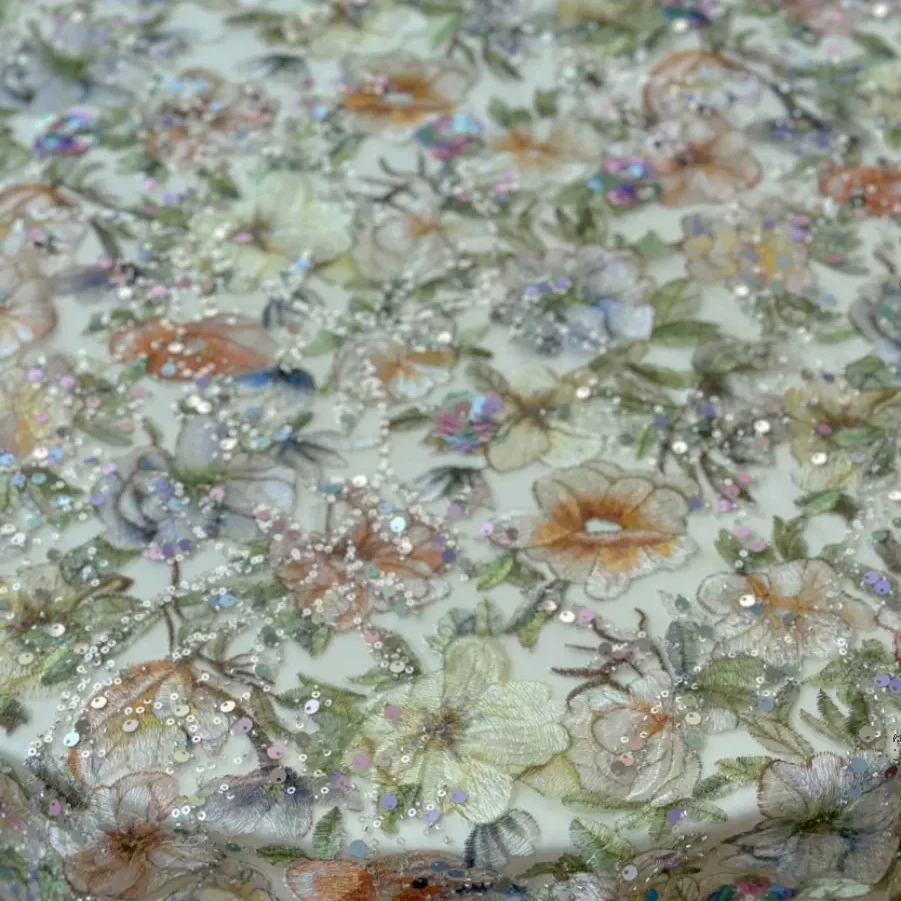 

1yard High quality mesh fabric Pink sequin flower embroidery tela skirt dress accessories fabric for material