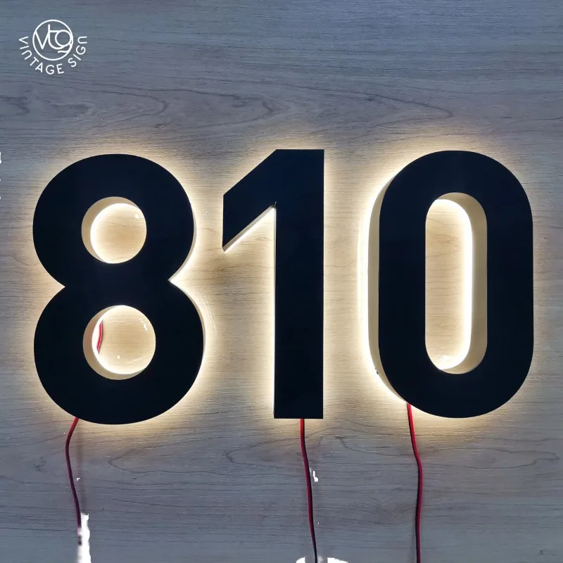 Indoor/Outdoor LED Illuminated Sign Halo-Lit Laser-Cut 3D Metal Letters Stainless Steel & Brass-Backlit Led 3D House Number Sign