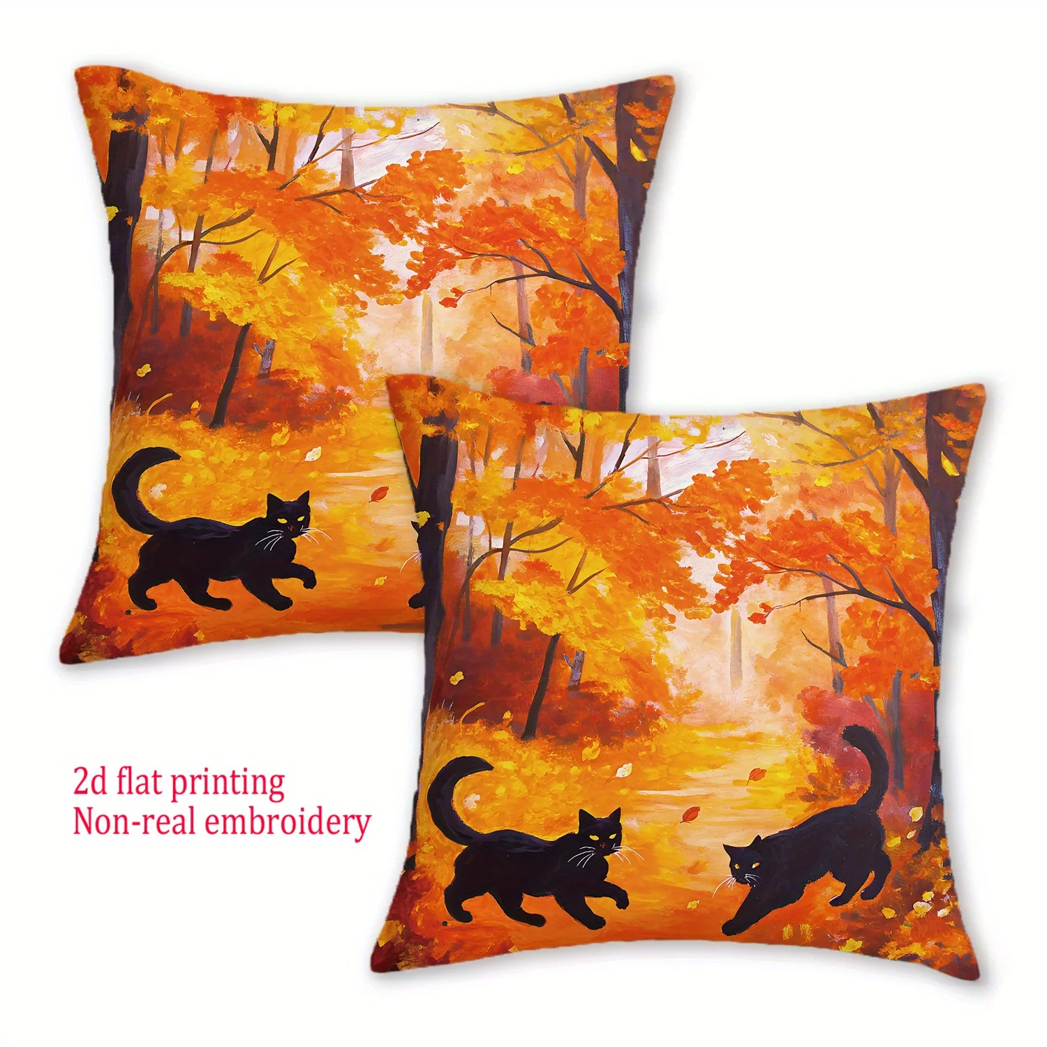 2pcs Vintage Autumn Black Cats Printed Cushion Covers, 18x18 Inch, Zipper Closure, Polyester, Hand Wash Only, Decorative