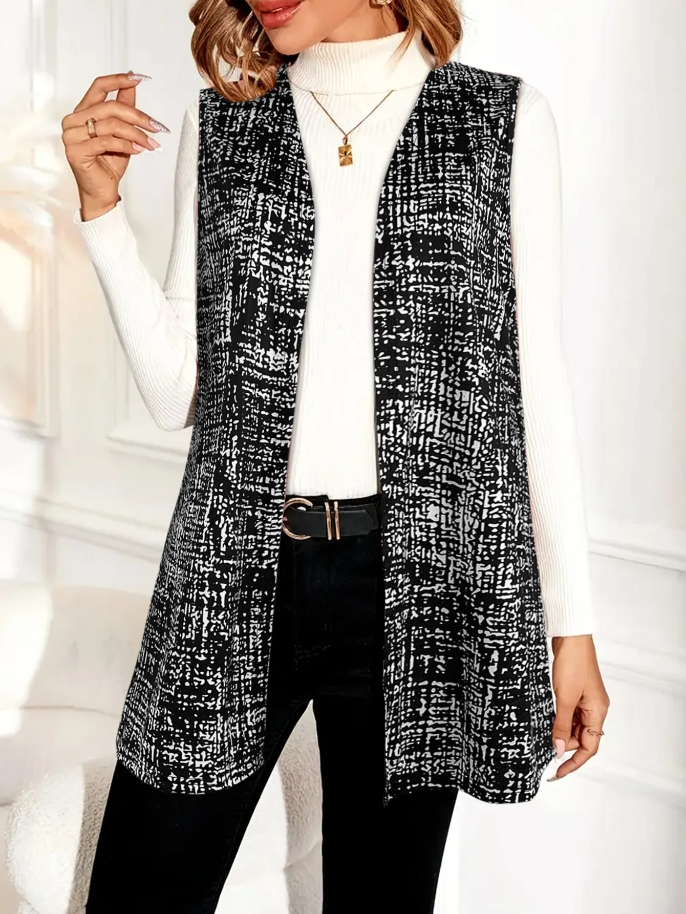 

Women's Sleeveless Open - Front Vest (No Inner Wear), Abstract Geometric Print, Casual Trendy Layering Piece Without Inner Garme