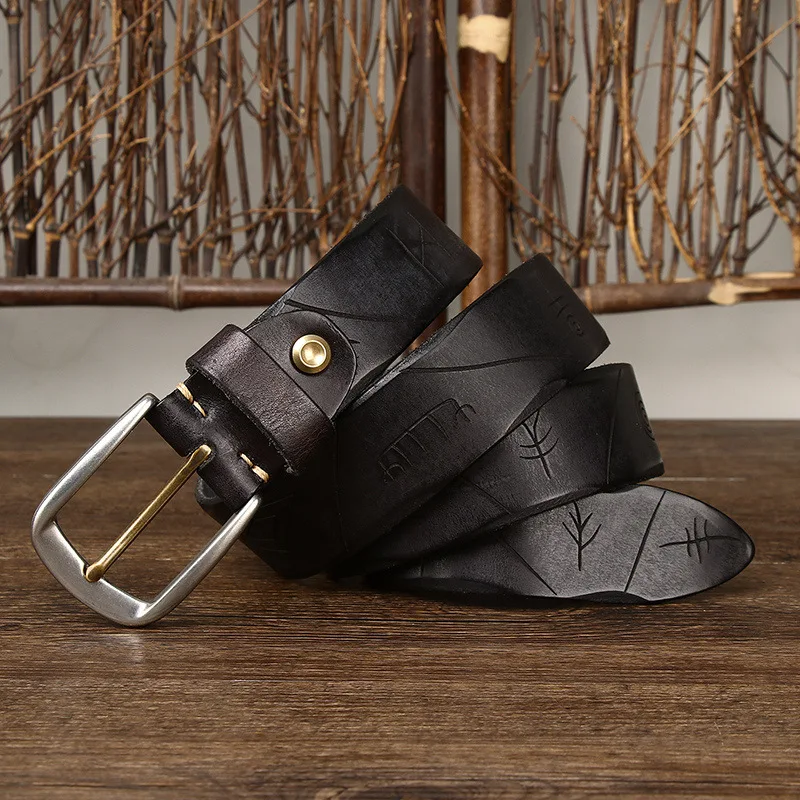 Trendy Retro Style Stainless Steel Buckle Leather Belt Men's Genuine Leather Pin Buckle Casual Waistband