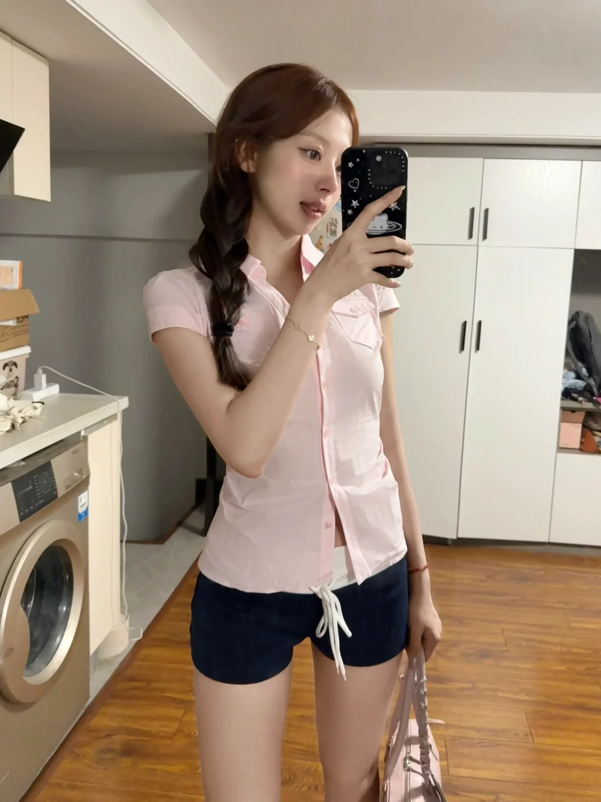 

Kumikumi Pink Shirt Women's Slim Fit Short Sleeve Turn-down Collar Waist-cinched Spring Fashion Anti-aging Top